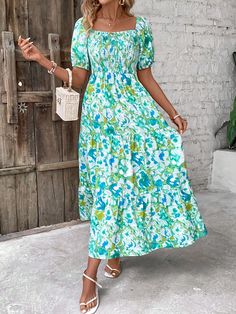 Green Boho Collar Short Sleeve Fabric Floral,All Over Print A Line Embellished Non-Stretch  Women Clothing Square Neck Dress, Boho Green, Elegant Dresses Long, Puffed Sleeves Dress, Women Long Dresses, Short Sleeve Dress, Long Dresses, Kids Beachwear, Pajamas Women