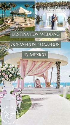 destination wedding and oceanfront gazebos in mexico by the beach with pink flowers