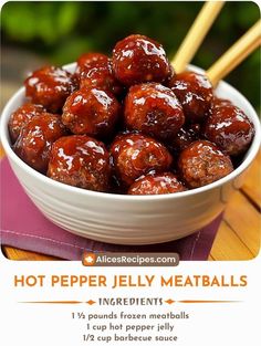 a bowl full of hot pepper jelly meatballs with chopsticks in the background