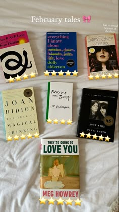 there are five books on the bed with stars around them that read love you, never going to love you, meg horwey