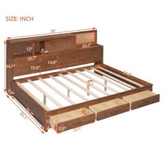 the bed frame is made up and has drawers on each side with measurements to fit it