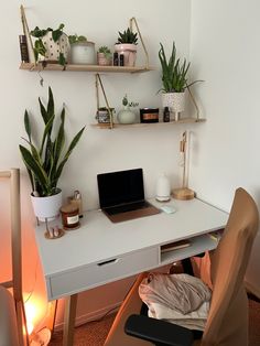 a white desk topped with a laptop computer next to a potted plant on top of a wooden shelf