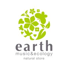 the earth music and ecology logo, with leaves and flowers in the shape of a circle