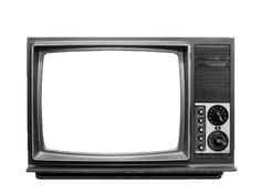 an old fashioned television set with no signal on it's screen, isolated against a white background