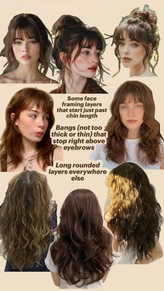 Romantic Bangs Hair, Hair Collage, Face Framing Layers, Face Framing, Wavy Hair, Eyebrows