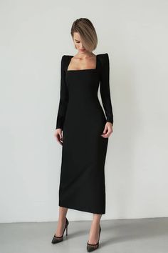 Women Cotton Dress, French Dress, Party Dress Long Sleeve, Midi Cocktail Dress, Midi Dress Party, Long Black Dress, Mid Length Dresses, Dress Cuts, Midi Dress Bodycon