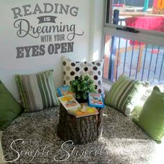 the reading is dreaming with your eyes open wall decal in green and white colors