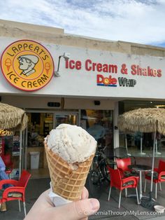 an ice cream and shakes shop with straw umbrellas