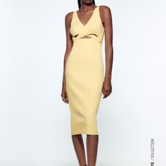 V-Neck Wrap Front Dress With Straps. Chic Midi Dress With Cutout V-neck, Chic Cutout V-neck Midi Dress, Chic Cutout Midi Dress, Chic Bodycon Midi Dress With Cutout, Chic Bodycon Cutout Midi Dress, Spring Bodycon Midi Dress For The Beach, Chic Cutout Midi Dress For Day Out, V-neck Cutout Bodycon Dress, V-neck Bodycon Dress With Cutout