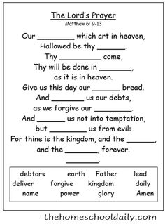 the lord's prayer is shown in black and white, with words above it