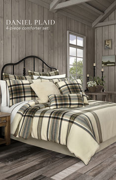 The Daniel Plaid Comforter Set offers a unique neutral and earthy colorway with a touch of forest that works all-year-round. Featuring an engineered woven yarn dyed plaid pattern with a twill texture that is brushed for a soft cashmere hand-feel. The included pillow shams and bed skirt match the 100% Cotton comforter Basement Master, Tartan Plaid Pillows, Plaid Comforter, Plaid Bedding, Cozy Christmas Decor, Cotton Comforters, Bed Skirt, Mountain Cabin, Comforter Set