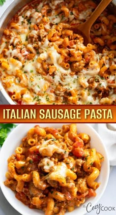 two pictures with different types of pasta in them and the words italian sausage pasta on top