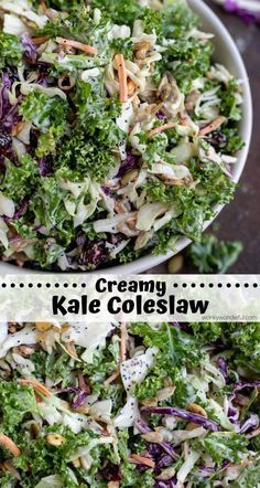 a bowl full of kale coleslaw and carrots