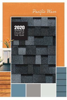 the color scheme for roofing shingles is shown in orange, gray and blue