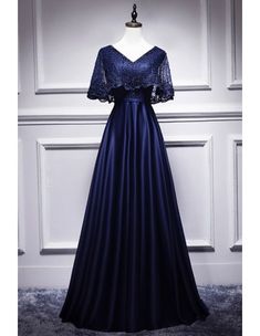 10% off now! Shop formal navy blue prom dress with elegant beaded cape style online. Sheprom offers formal, party, casual & more style dresses to fit your special occasions. Navy Blue Lace Prom Dress, High Low Evening Dresses, Dress Elegant Long, Prom Inspo, Gaun Fashion, Elegant Prom, Evening Dresses With Sleeves, Evening Dress Floor Length, Dresses Formal Elegant