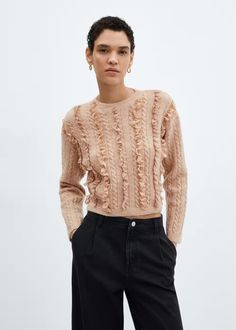 Ruffled crop sweater -  Women | Mango USA Lurex Sweater, Long Knit Sweater, Ruffle Sweater, Long Knit, Crop Sweater, Polo Neck, Ribbed Knit Sweater, Sweater Women, Leather Blazer