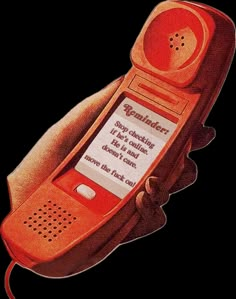 an orange phone with a message attached to it's front and back sides, in the shape of a hand