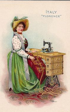 a woman sitting at a sewing machine wearing a hat