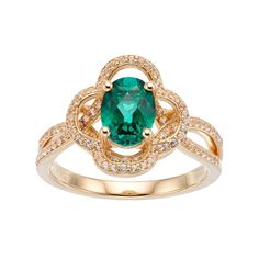 Featuring a floral motif decorated with lab-created emerald and lab-created white sapphire stones, this ring is the epitome of feminine beauty. RING DETAILS Width: .56 in. Metal: sterling silver Plating: 14k gold Finish: polished Additional details: split-shank band Packaging: boxed STONE DETAILS Stone type: lab-created emerald, lab-created white sapphire Total weight: 1 1/4 ct. Center stone weight: 1/10 ct. Center stone size: 8 mm x 6 mm Shape: oval, round Setting: prong Gemstones may have been Sapphire Flower Ring, Sapphire Stones, Lab Created Emerald, Right Hand Rings, Split Shank, Feminine Beauty, Sapphire Stone, Flower Ring, White Sapphire