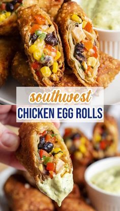 southwest chicken egg rolls on a plate with guacamole and salsa in the background