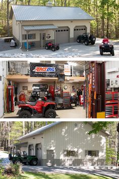 three different garages with two cars parked in front and one on the other side