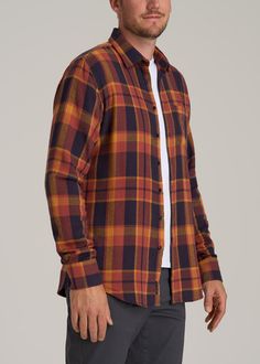 About Our Tall Flannel Shirt This is the perfect tall flannel shirt you've been looking for. Super comfortable and tailored specifically for your frame, this shirt truly has it all. As a tall guy, you've likely had to settle for sleeves that are too short and deal with baggy fits that overwhelmed your frame for years, but it's time to leave those days behind. We crafted this extra-long flannel shirt for tall guys between 6' and 7'1”, so it'll give you the length you need without any of the extra White T Shirt Men, Long Flannel, Yellow Flannel, Scrubs Dress, Cozy Sleepwear, Flannel Men, Tall Men, Time To Leave, Sports Blazer