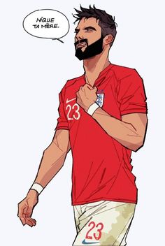 a man in a red shirt and white shorts with a speech bubble above his head