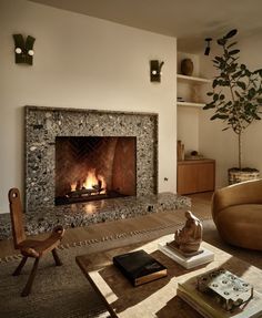 a living room filled with furniture and a fire place next to a wall mounted fireplace