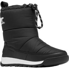 No more fighting with the kids to keep their feet warm—the SOREL Whitney II Plus Puffy WP Boot offers waterproof warmth in a cozy-cool silhouette. The drawcord cuff makes it easy to dress and seal out the elements. Traction underfoot keeps them stable while they run after their friends and rush home for hot cocoa. Black Low-top Waterproof Boots For Outdoor Activities, High-top Waterproof Sports Boots With Cushioned Footbed, Sorel Kids Boots, Black Insulated Slip-on Boots, Boys Winter Boots, Sorel Winter Boots, Children Snow Boots, Cool Silhouettes, Mary Jane Shoes Womens