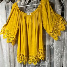 This Is A Comfortable 2x Gauze Like Shirt. Brand Is Love J. Material Is 100% Rayon Flowy Cotton Tops With Lace Trim, Casual Yellow Tops With Lace Trim, Flowy Summer Tops With Lace Trim, Yellow Flowy Short Sleeve Top, Casual Summer Shirt With Lace Trim, Flowy Yellow Summer Tops, Lace On Sleeves, Hot Pink Tops, Embellished Shirt