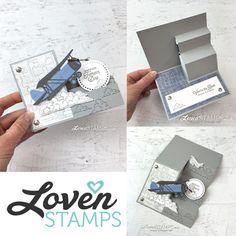 four different photos showing the inside of a small box with stamps and scissors in it