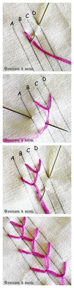 three pictures showing how to thread the stitchs on a piece of fabric with pink thread