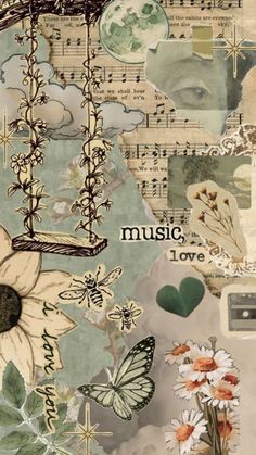 an artistic collage with flowers, music notes and other things in the background that are mixed together