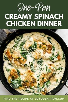 one pan creamy spinach chicken dinner in a cast iron skillet with text overlay