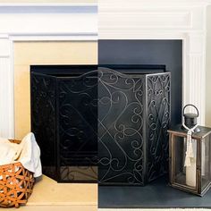 three different pictures of a fireplace, one with a lantern and the other with a basket