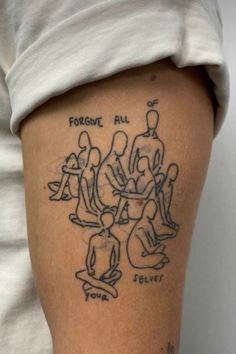 a woman's thigh with tattoos on it that says, fortune all of us