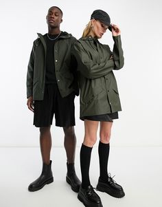 Coats & Jackets by Rains Next stop: checkout Drawstring hood Snap placket Ventilation panels on side Side pockets Adjustable cuffs Welded seams for extra protection against moisture Regular fit Unisex style Rains Raincoat, Rains Long Jacket, Hooded Rain Jacket, Waterproof Jacket, Hooded Coat, Short Jacket, Utility Jacket, Green Fashion, Track Jackets