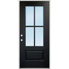 Greatview Doors offers a beautiful pre-finished black fiberglass door that would be the perfect addition to give your home an instant upgrade. This 4-Lite single door unit comes ready to install and features classic clear SDL glass panels. Whether you want a classic entryway or that modern farmhouse look, this door provides timeless appeal to any home. Greatview Doors 36-in x 80-in x 4-9/16-in Fiberglass 3/4 Lite Right-Hand Inswing Fiberglass Painted Prehung Front Door Insulating Core in Black Classic Entryway, Fiberglass Front Door, Painted Front Doors, Fiberglass Door, Storm Door, Glass Front Door, Weather Stripping, Single Doors, Front Doors