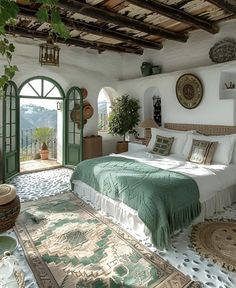 a large bed sitting under a green door in a bedroom next to an open doorway