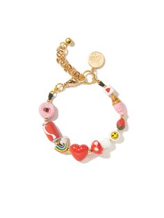 I'm a treat ❤️🍄🍓🍦 6" Ceramic and glass charm bracelet 1.5" extension Gold plated brass hardware *Soda can charm will be replaced with Red Margarita charm Can be worn as an anklet. Please indicate ankle circumference measurement at checkout so we can make sure it fits as an anklet. Handmade in New York City. Due to the handmade nature of our products, some charms may vary in color and style or be replaced if unavailable. Please allow 5-7 business days for production. Word Bracelets, Ceramic Beads Bracelet, Candy Bracelet, Word Bracelet, Handmade Wire Jewelry, Funky Jewelry, Jewelry Lookbook, Cute Bracelets, Girly Jewelry