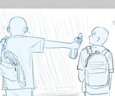 a drawing of two people standing in the rain, one holding an umbrella and the other looking at his cell phone