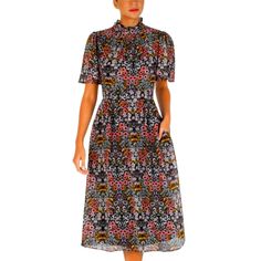 Flowery Autumn Dress, Work Wear Or Cocktail Hour - Never Worn! Black Short Sleeve Midi Dress With Floral Print, Black Floral Print Midi Dress With Short Sleeves, Black Floral Print Short Sleeve Midi Dress, Black Floral Print Midi Dress For Daywear, Jordan Dress, Wear To Work Dress, Dress Work, Chiffon Midi Dress, Mock Neck Dress