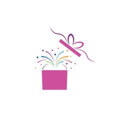 a pink gift box with a bow and streamers coming out of it on a white background