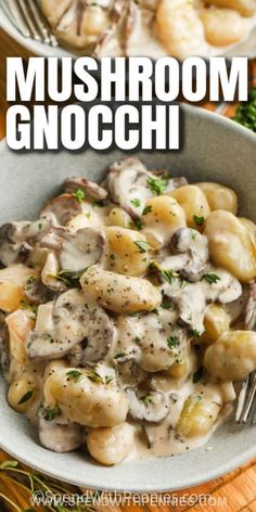 mushroom gnocchini in a bowl with a fork