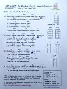 a sheet with some words on it that says 500 miles for ukulele key c