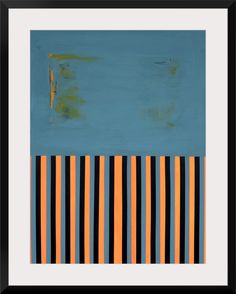 an abstract painting with blue, orange and black stripes