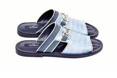 Corrente Crocodile Printed Calfskin Sandal Blue – C&E Fashions Cordovan Shoes, Leather Slippers For Men, Blue C, Shoe Horn, Shoe Tree, Leather Slippers, Blue Sandals, Horse Hair, Suede Shoes