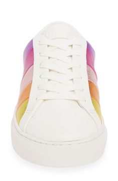 Metallic stripes pop on a smooth leather sneaker that delivers suave street style. Style Name:Kurt Geiger London Rainbow Shop Lane Rainbow Sneaker (Women). Style Number: 5856976. Available in stores. Rainbow Colored Sneakers With Rubber Sole For Spring, Multicolor Leather Sneakers With Vulcanized Sole, Spring Rainbow Sneakers With Rubber Sole, Trendy Rainbow Colored Synthetic Sneakers, Trendy Rainbow Low-top Sneakers, Rainbow Color Sporty Sneakers, Rainbow Casual Synthetic Sneakers, Spring Rainbow High-top Sneakers, Trendy Rainbow Synthetic Sneakers