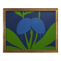 two blue flowers with green leaves on a blue background