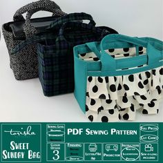 three bags with black and white polka dots on them, one is blue and the other is green